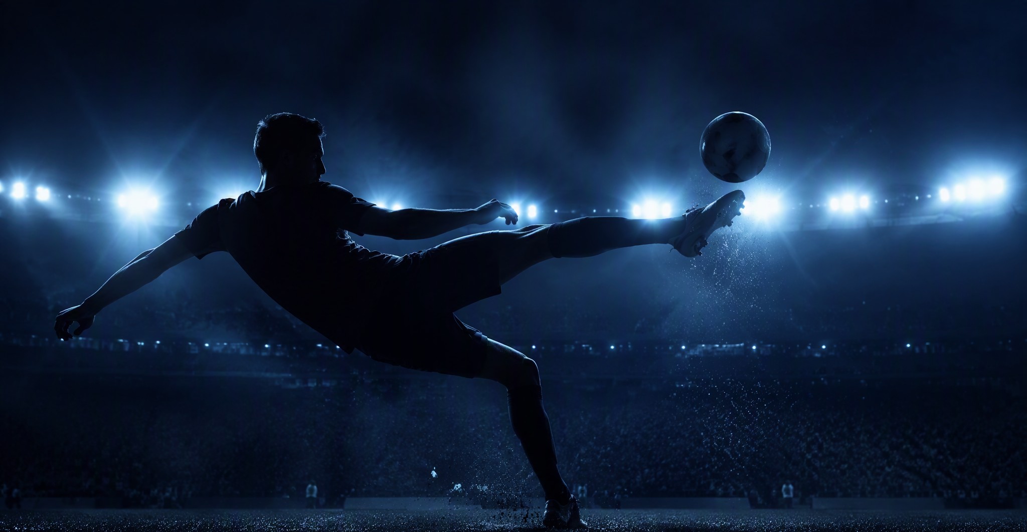 Professional footballer striking the ball under floodlights